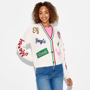 Open Box - 33 Degrees - Women's Holiday Patchwork Festive Graphic Cardigan Cream